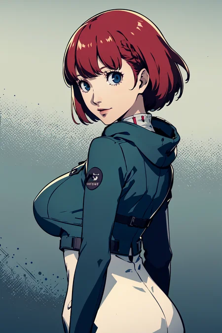 (best quality:1.2), 1girl, (sideways, arms behind back, Parka, grimace, alternate hair color, very short hair, multiple braids, huge_breasts, path),