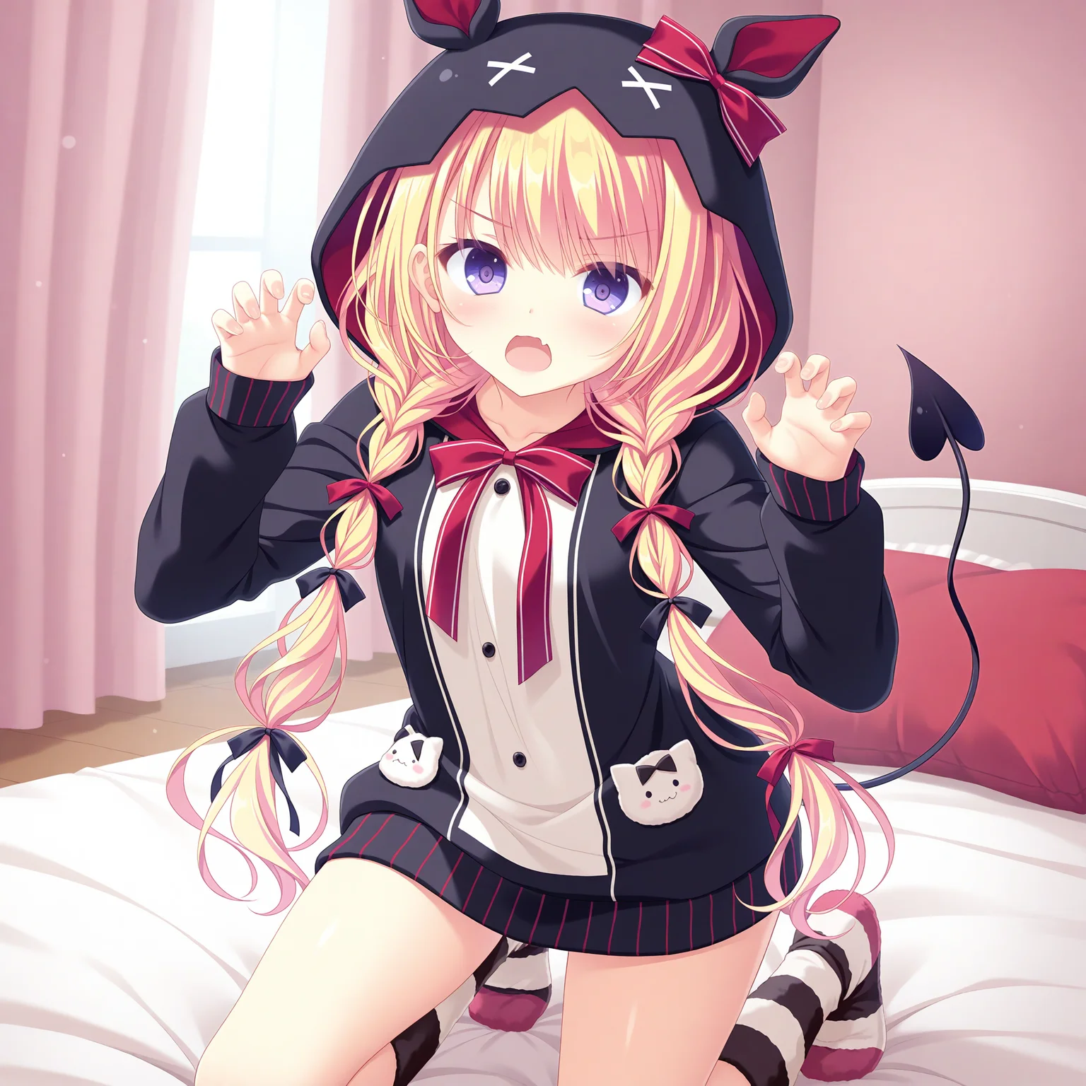 <lora:Yasaka_Menoa_1_nai-000039:1>,Yasaka Menoa,
twin braids,hair ribbon,red ribbon,black hoodie,horns,animal hood,demon tail,striped socks,long sleeves,kneehighs,hood up,black pajamas,black cloak,red lining,red bowtie,red bow,black frills,white shirt,
BREAK
1girl,solo,on bed,looking at viewer,kneeling,open mouth,>_<,claw pose,w_arms,