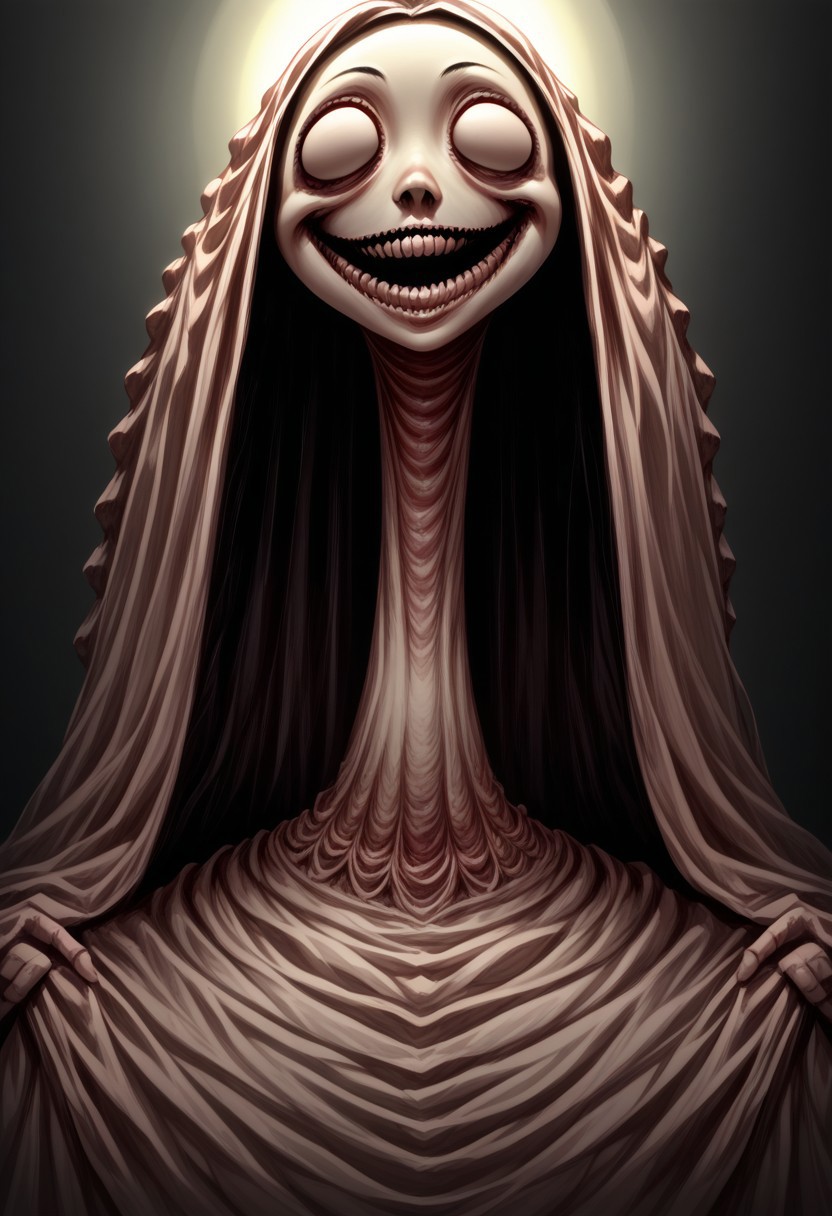 score_9, score_8_up, score_7_up, source_anime, solo, Nightmarish Jessica Rabbit, (looking towards the viewer, face view, close up face, head shot, face portrait:1.4), (long arms, long legs, long neck, horror, no eyes, no face, large mouth, creepy smile, skinny, bones, Victorian gown:1.5), close face view, (indirect lighting, dynamic lighting:1.4), simple background, (detailed image, high resolution, 5k resolution:1.0), VikingAnime, (horror Art Style:1.2)