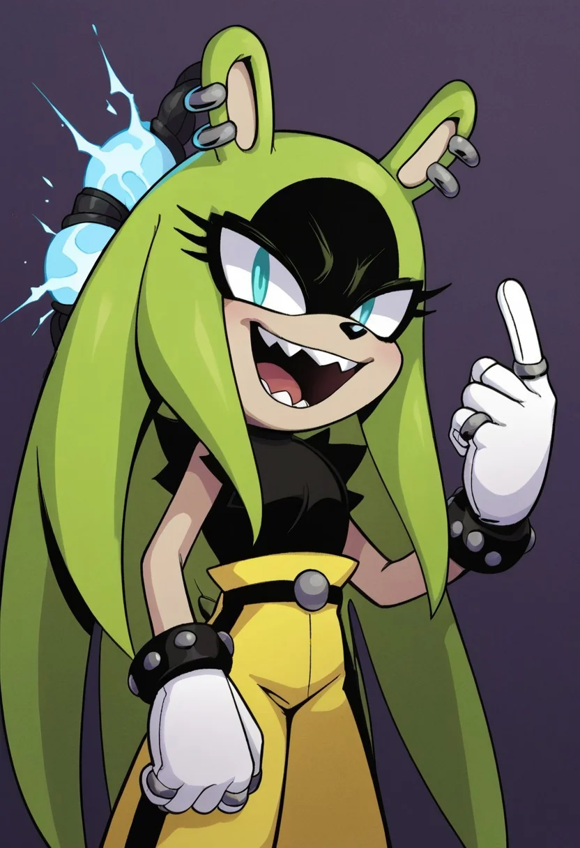 zPDXL, score_9, score_8_up, score_7_up, score_6_up, score_5_up, source_anime, 4k, absurdres, 1girl, solo,
smile, open mouth, sharp teeth, <lora:Surge_v1-3-15:0.8> surge the tenrec, aqua eyes, green fur, black fur, two-tone fur, black eyeshadow, white gloves, animal ears, posing sexy, cowboy shot, looking at viewer, standing, posing, sexy, Fixhand, glowing eyes, aura, electricity, dark background, ((dynamocage)), ((long hair, green hair, quills down:1.3)), from behind