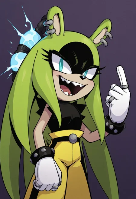 zPDXL, score_9, score_8_up, score_7_up, score_6_up, score_5_up, source_anime, 4k, absurdres, 1girl, solo,
smile, open mouth, sharp teeth, <lora:Surge_v1-3-15:0.8> surge the tenrec, aqua eyes, green fur, black fur, two-tone fur, black eyeshadow, white gloves, animal ears, posing sexy, cowboy shot, looking at viewer, standing, posing, sexy, Fixhand, glowing eyes, aura, electricity, dark background, ((dynamocage)), ((long hair, green hair, quills down:1.3)), from behind