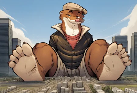 score_9, score_8_up, score_7_up, score_6_up, score_5_up, score_4_up, solo, source_furry, 1boy, city, smile, full body, seductive expression, solo, k-9
,
W33kly_BS, Weekly, Anthro Weasel, Lesser Weasel, brown weasel, brown fur, white chin, white neck, white inner ear, black eyebrows, black eyes, pink nose, whiskers, shortstack, tan hat, flat cap, leather jacket, flight jacket, fleece collar, red sweater, khakis,
,
plantigrade, three toes, feet with three toes
,
(Sitting:1.4), big feet, (macro, giant), looking at viewer, from below, feet focus, low-angle view, soles