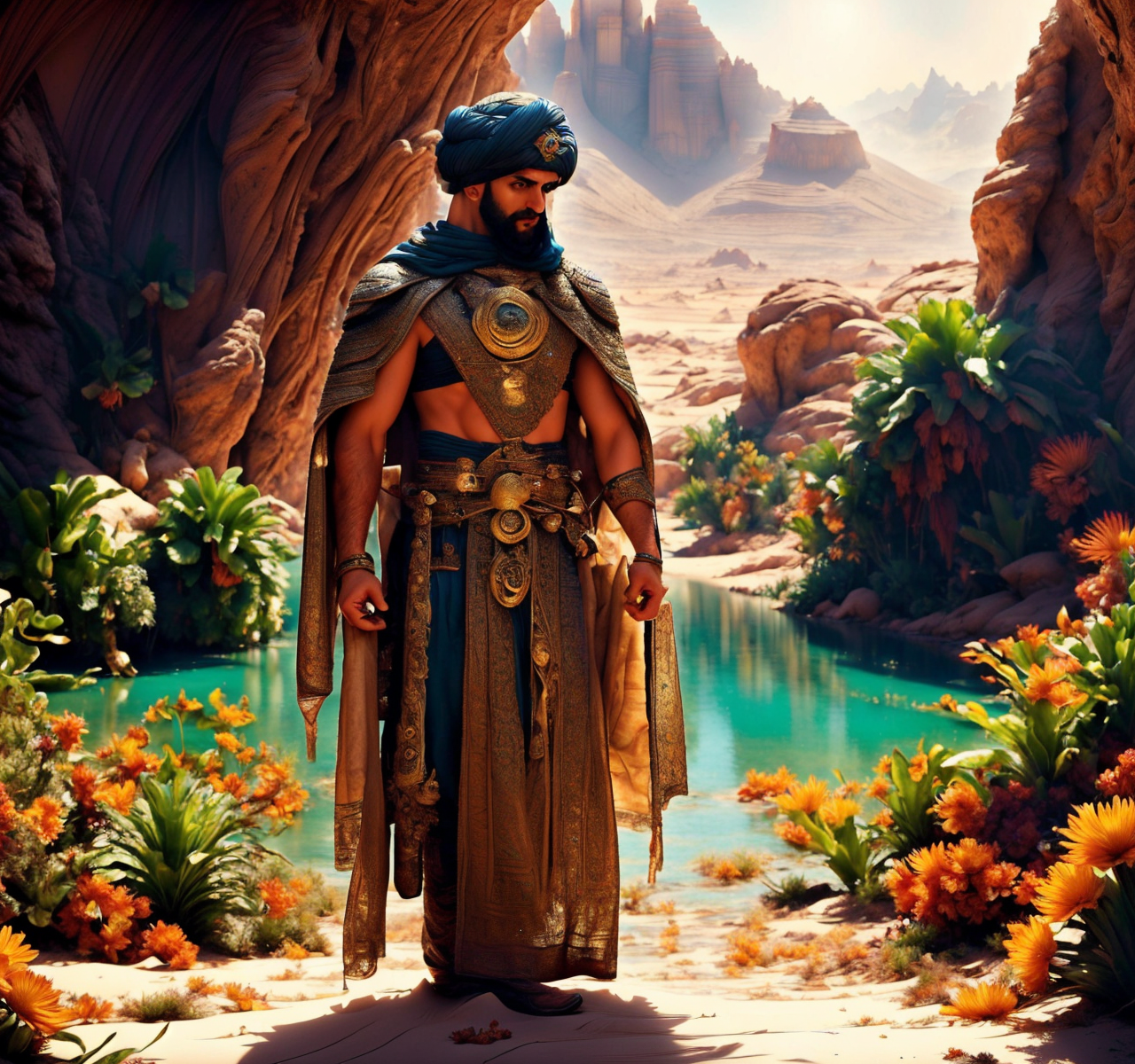 RAW photo, (masterpiece:1.3), subsurface scattering, heavy shadow, (high quality:1.4), (intricate, high detail:1.2), professional photography, HDR, High Dynamic Range, realistic, ultra realistic, photorealistic, high resolution, film photography, ambient lighting, atmospheric effects, <lora:detail_slider_v4:2>, OverallDetail,  arar, a man wearing arabian armor, cape, turban, in an oasis, <lora:Oasis:1>, day, flower, mountain, water, outdoors, palm tree, reflection, rock, scenery, shadow, sky, tree, water ,<lora:ArabianArmor:1> ArAr