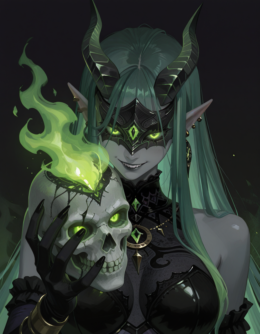 (masterpiece, best quality, ultra-detailed, absurdres, newest, detailed textures, correct anatomy,  very aesthetic:1), <lora:Shemira_Afk:0.7>, very long hair, multicolored hair, green hair, pointy ears, earrings, ear piercing, grey skin, colored skin, mask, horns, jewelry, necklace, large breasts, 1girl, close-up, dark and cold palette, glowing eyes, sinister grin, holding skull, eerie flames, sharp shadows, gothic, fantasy, horror elements, dark magic, supernatural, glowing effects, magical aura, intricate details, intense expression, surreal, captivating, mysterious atmosphere, dark fantasy, dramatic lighting, dark background, intricate design, <lora:LostInYourDreamsILL:1>, liyd