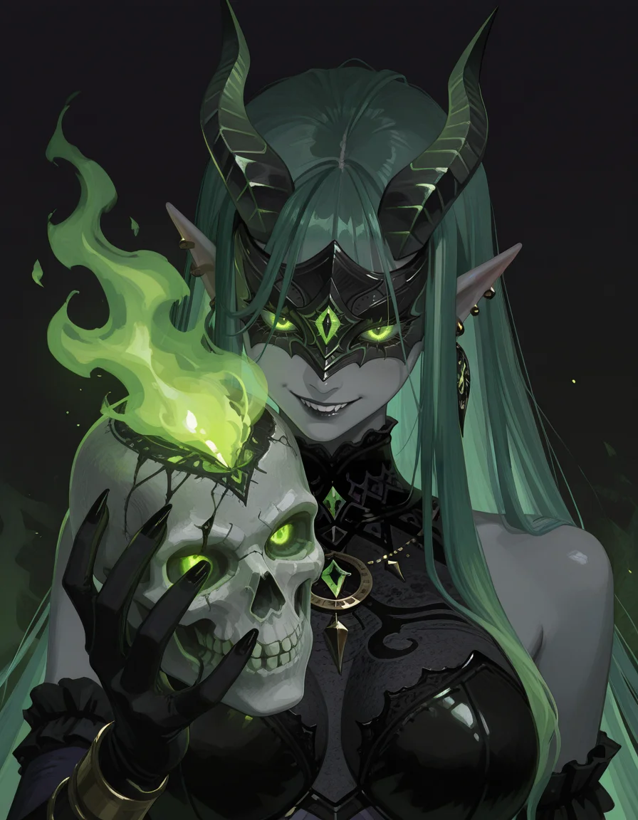 (masterpiece, best quality, ultra-detailed, absurdres, newest, detailed textures, correct anatomy,  very aesthetic:1), <lora:Shemira_Afk:0.7>, very long hair, multicolored hair, green hair, pointy ears, earrings, ear piercing, grey skin, colored skin, mask, horns, jewelry, necklace, large breasts, 1girl, close-up, dark and cold palette, glowing eyes, sinister grin, holding skull, eerie flames, sharp shadows, gothic, fantasy, horror elements, dark magic, supernatural, glowing effects, magical aura, intricate details, intense expression, surreal, captivating, mysterious atmosphere, dark fantasy, dramatic lighting, dark background, intricate design, <lora:LostInYourDreamsILL:1>, liyd
