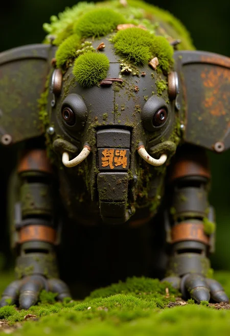 ajweathbo. A macro Shot of an ancient old and weathered mechanical Robot bug, resembling an tiny rusted iron elephant, overgrown with detailed realistic moss and other tiny plants.