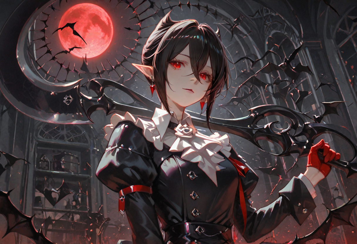 anime style, entelechia \(arknights\), changing room, masterpiece, best quality, amazing quality, very aesthetic, absurdres, newest,

holding weapon, scyphe,,
1girl, red eyes, solo, pointy ears, black hair, gloves, red gloves, jewelry, ((upper body)), white ascot, short hair, earrings, looking at viewer, vampire, moon, bat (animal), black dress, black footwear