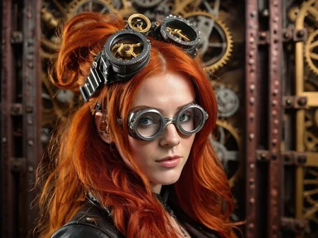 A headshot photo of a female with long fiery red hair, wearing a steampunk-inspired outfit with goggles on her forehead, in front of a vintage clockwork mechanism background.