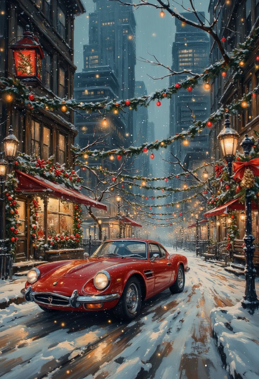 A futuristic city at dusk, evoking nostalgia with a cozy 2000s vibe, is the main subject here. The image, whether a painting or photograph, showcases towering skyscrapers bathing in the soft glow of street lights and twinkling Christmas decorations. An ox blood colored futuristic car is the focal point. Blankets of snow covering the ground. Every detail pops with vibrant colors and intricate design, conveying a sense of warmth and familiarity. The quality of the image is top-notch, capturing the essence of a bygone era with modern sophistication. aidmavintagechristmaspaper