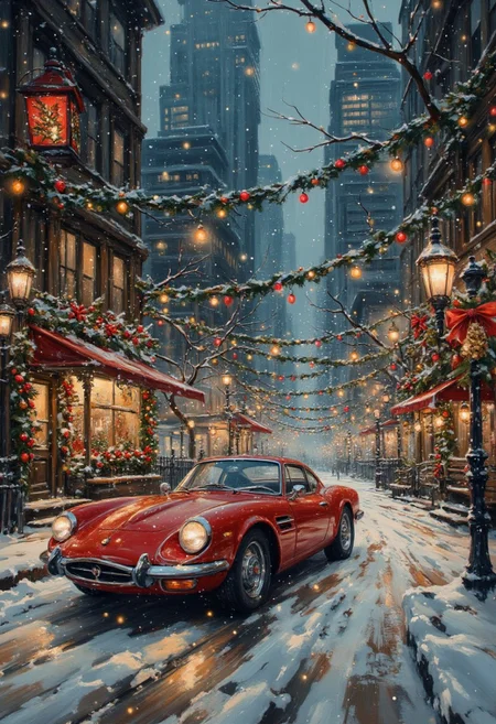 A futuristic city at dusk, evoking nostalgia with a cozy 2000s vibe, is the main subject here. The image, whether a painting or photograph, showcases towering skyscrapers bathing in the soft glow of street lights and twinkling Christmas decorations. An ox blood colored futuristic car is the focal point. Blankets of snow covering the ground. Every detail pops with vibrant colors and intricate design, conveying a sense of warmth and familiarity. The quality of the image is top-notch, capturing the essence of a bygone era with modern sophistication. aidmavintagechristmaspaper