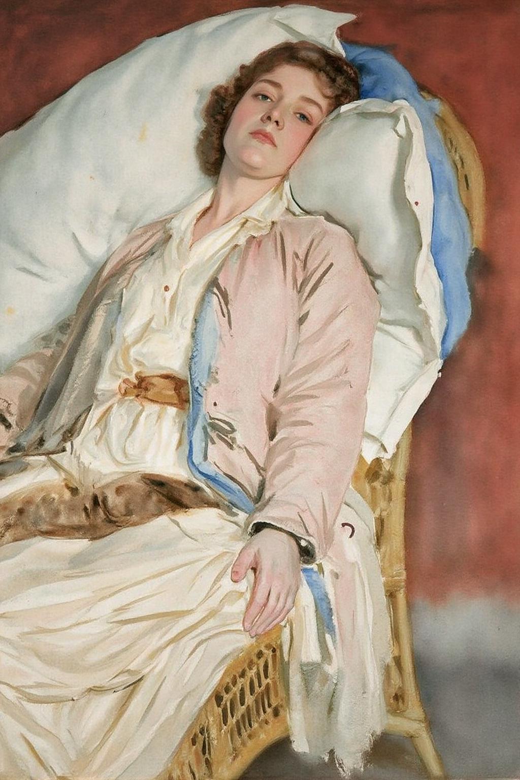 johnsingersargent3 painting
Portrait of a woman reclining in a wicker chair. She is dressed in a light-colored, flowing garment with a mix of pastel colors, including shades of pink, blue, and white. Her head is resting on a white pillow, and her hands are placed on the armrest of the chair. <lora:johnsingersargent3_cap_d8a4e12:1.0><lora:859932943836042883:0>
