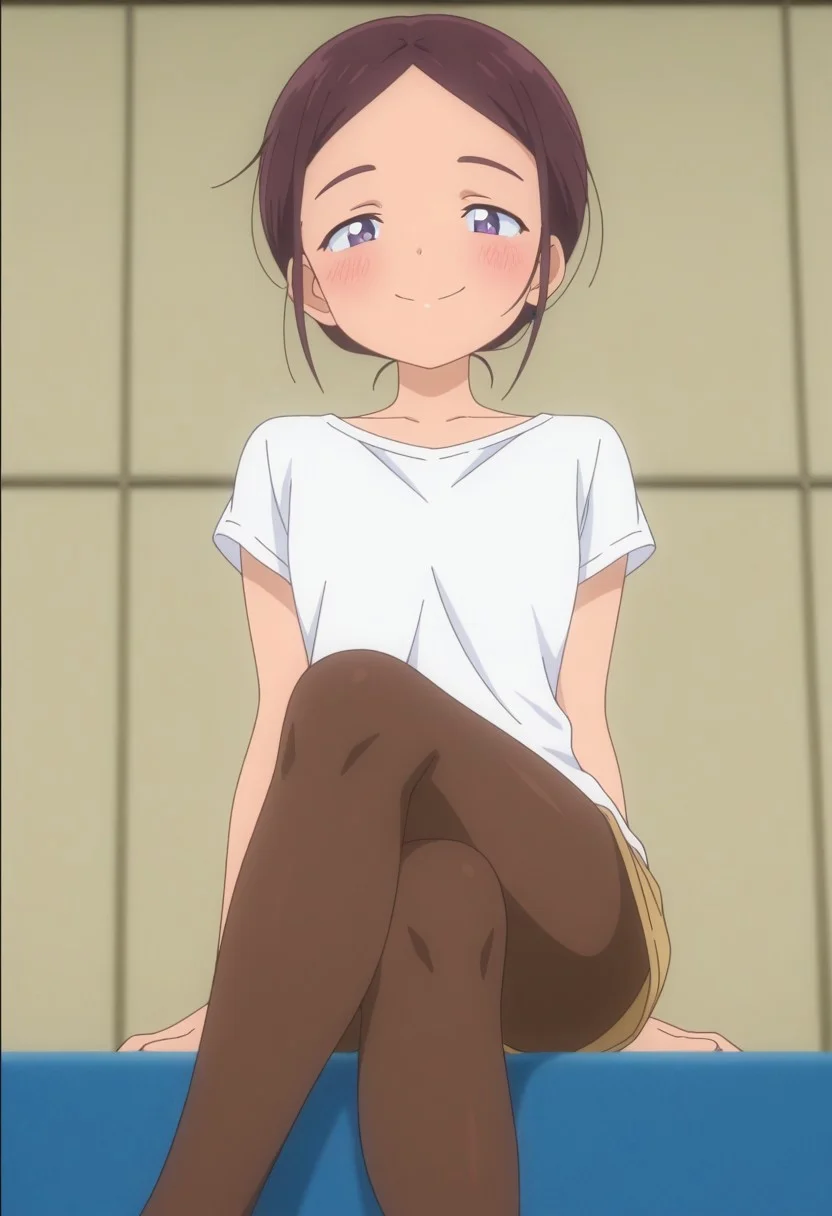 Masterpiece , best quality , amazing quality , anime screencap , sitting , crossed legs , a girl , emayamato , purple brown hair , looking at viewer, smile , shorts , pantyhose , white t-shirt