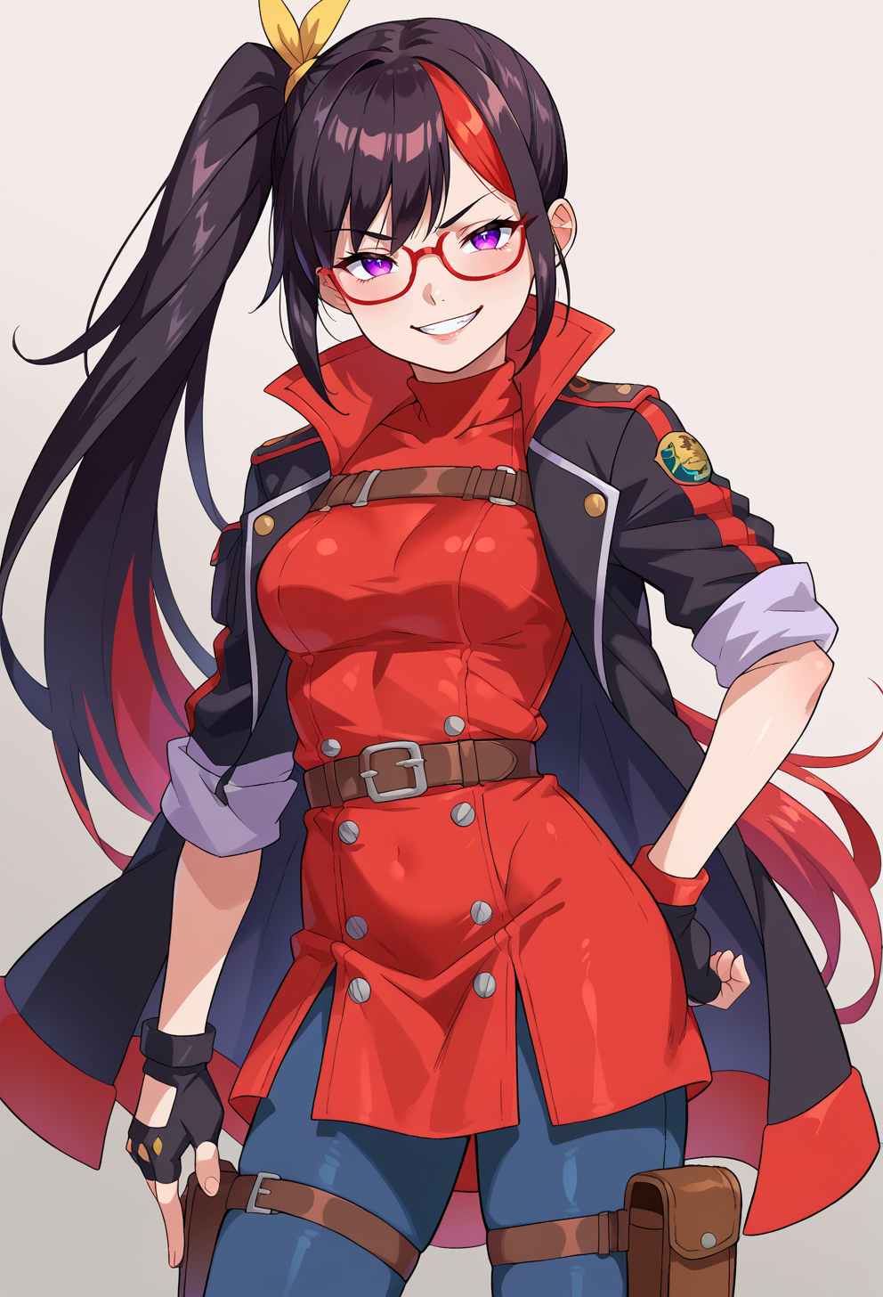 score_9, score_7_up, source_anime, BREAK <lora:molokonomi_ForPonyV2:1>, smug smile, 1girl, purple eyes, red-framed eyewear, black hair, red colored tips, red streaked hair, very long hair, side ponytail, tied hair, medium breasts, red colored tips, jacket on shoulders, red dress, sleeves rolled up, fingerless gloves, holster, belt, multiple belts, combat boots, pants under dress, black coat,