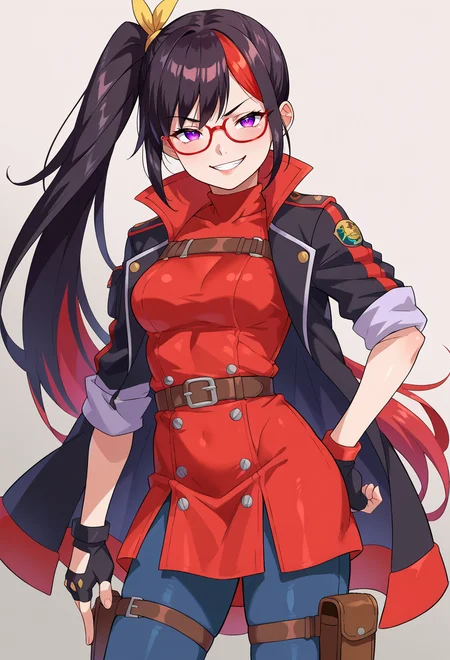 score_9, score_7_up, source_anime, BREAK <lora:molokonomi_ForPonyV2:1>, smug smile, 1girl, purple eyes, red-framed eyewear, black hair, red colored tips, red streaked hair, very long hair, side ponytail, tied hair, medium breasts, red colored tips, jacket on shoulders, red dress, sleeves rolled up, fingerless gloves, holster, belt, multiple belts, combat boots, pants under dress, black coat,