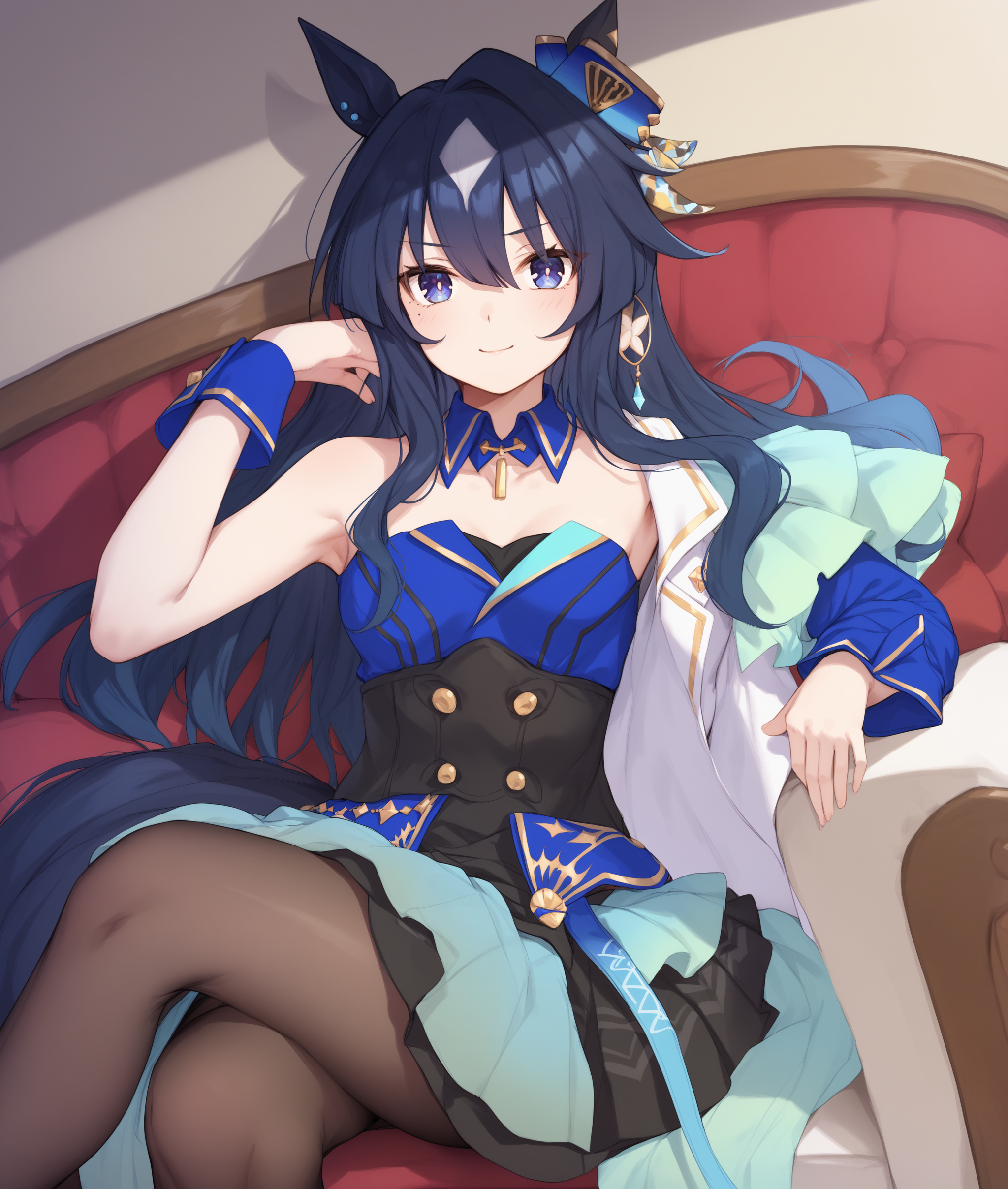 score_9, score_8_up, score_7_up BREAK
shobufuku, 1girl, solo, long hair, breasts, looking at viewer, bangs, blue eyes, skirt, dress, animal ears, hair between eyes, jewelry, sitting, closed mouth, blue hair, tail, pantyhose, small breasts, black skirt, armpits, arm up, black pantyhose, detached collar, horse ears, horse girl, horse tail, crossed legs, <lora:verxina-ponyXL:1>, 
five fingers,