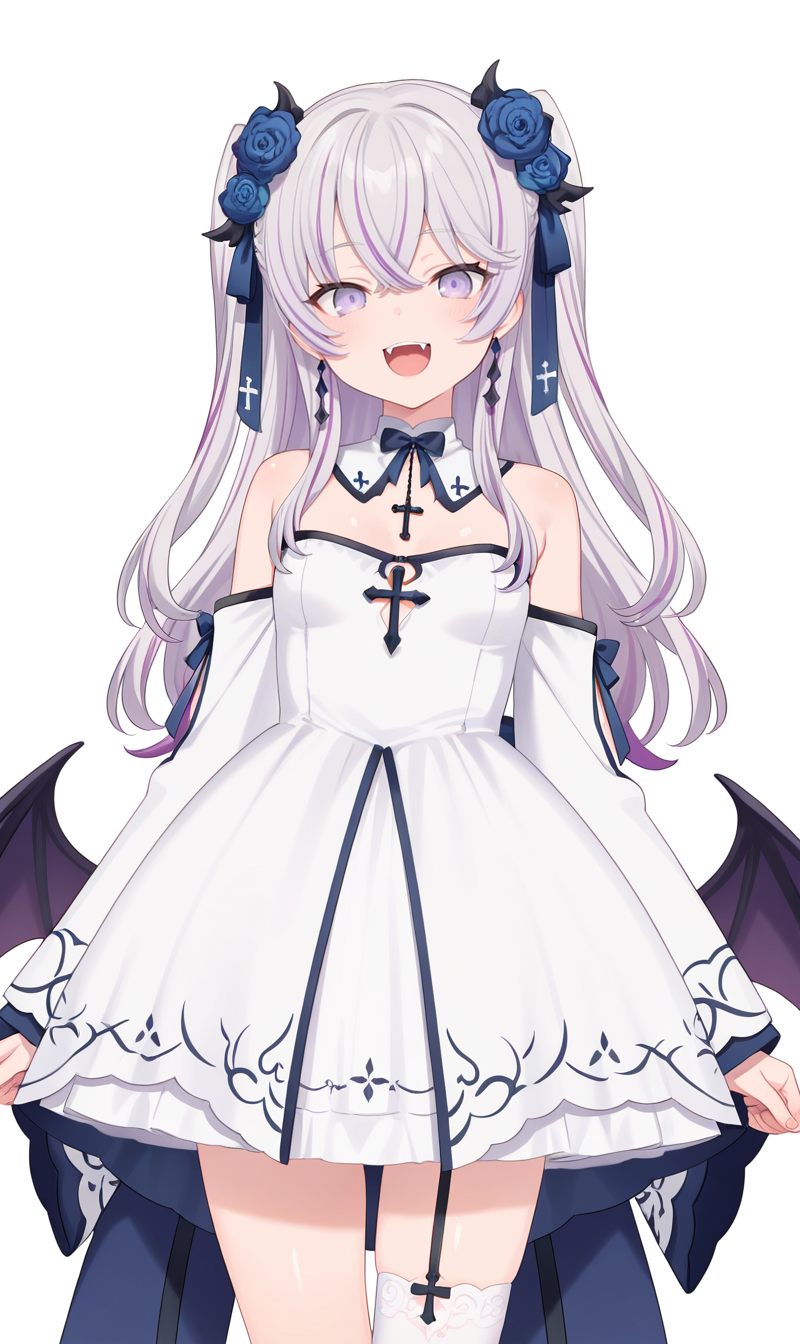 (masterpiece),best quality,amazing quality,very aesthetic,absurdres,newest,perfect body,shiny skin,perfect eyes,detail1eye,
azuma seren, 1girl, solo, dress, white background, long hair, flower, smile, fangs, looking at viewer, multicolored hair, grey hair, purple hair, thighhighs, open mouth, purple eyes, small breasts, white dress, blue flower, hair flower, :d, hair ornament, single thighhigh, detached sleeves, rose, two side up, wings, bare shoulders, blue rose, jewelry, earrings, bangs, cross, wide sleeves, long sleeves, bow, ribbon, streaked hair, detached collar, low wings, demon wings, cowboy shot <lora:azuma_seren:0.8>