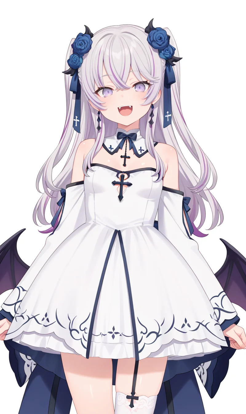 (masterpiece),best quality,amazing quality,very aesthetic,absurdres,newest,perfect body,shiny skin,perfect eyes,detail1eye,
azuma seren, 1girl, solo, dress, white background, long hair, flower, smile, fangs, looking at viewer, multicolored hair, grey hair, purple hair, thighhighs, open mouth, purple eyes, small breasts, white dress, blue flower, hair flower, :d, hair ornament, single thighhigh, detached sleeves, rose, two side up, wings, bare shoulders, blue rose, jewelry, earrings, bangs, cross, wide sleeves, long sleeves, bow, ribbon, streaked hair, detached collar, low wings, demon wings, cowboy shot <lora:azuma_seren:0.8>