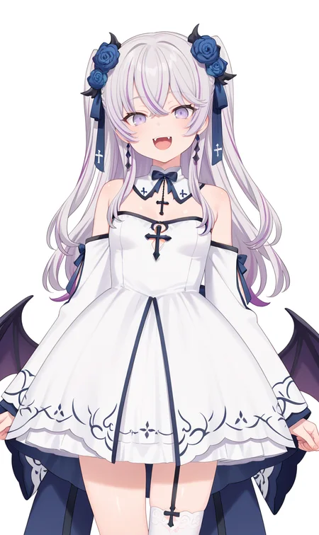 (masterpiece),best quality,amazing quality,very aesthetic,absurdres,newest,perfect body,shiny skin,perfect eyes,detail1eye,
azuma seren, 1girl, solo, dress, white background, long hair, flower, smile, fangs, looking at viewer, multicolored hair, grey hair, purple hair, thighhighs, open mouth, purple eyes, small breasts, white dress, blue flower, hair flower, :d, hair ornament, single thighhigh, detached sleeves, rose, two side up, wings, bare shoulders, blue rose, jewelry, earrings, bangs, cross, wide sleeves, long sleeves, bow, ribbon, streaked hair, detached collar, low wings, demon wings, cowboy shot <lora:azuma_seren:0.8>