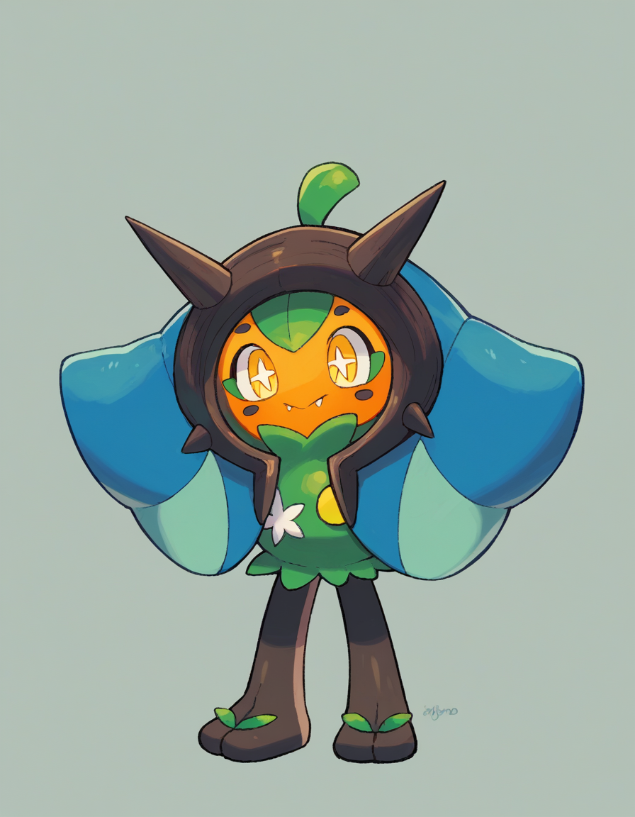 zPDXL, score_9, score_8_up, score_7_up, source_anime, 1girl, solo, 
 <lora:Ogerpon_v2:0.8> ogerpon, pokemon \(creature\), yellow eyes, blue poncho,