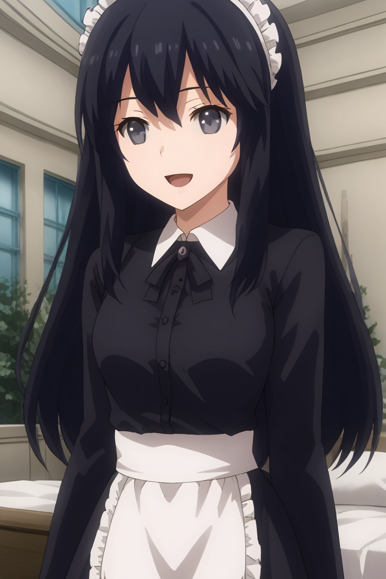 1girl, solo, ayamenb, black hair, long hair, black eyes, headress, black dress, black collared dress, long sleeves, white waist apron, frills, maid, indoors, mansion, open mouth, smile, standing, cowboy shot