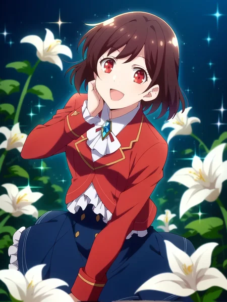 score_9, score_8_up, score_7_up, score_6_up, score_5_up, score_4_up,uncensored, source_anime, BREAK,
solo, sparkle, ,
,, <lora:wataoshi_reiclaire:1>,
wataoshi_rei, short hair,brown hair, red eyes, red jacket, long sleeves, blue skirt, white shirt, frills, black pantyhose, brooch,
smile,open mouth, white lily, sparkle, tilt head,