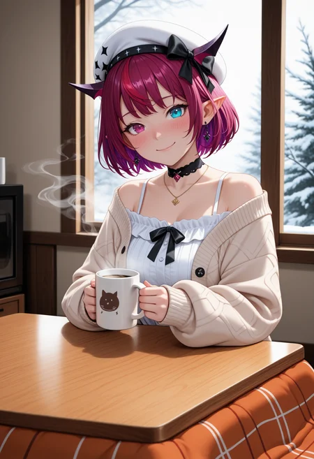 masterpiece, best quality, 1girl, solo, 1RySCas, heterochromia, purple eye, blue eye, horns, multicolored hair, purple hair, short hair, white beret, hat bow, earrings, black choker, necklace, white dress, off-shoulder dress, beige cardigan, black bow, kotatsu, low table, coffee mug, holding mug, steam, looking at viewer, smile, blush, indoors, <lora:ChamIRySNoob:1>