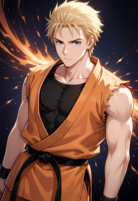 masterpiece, best quality, amazing quality, dutch angle, abstract background, BREAK
1boy, solo, male focus, aof_ryo, blonde hair, blue eyes, orange dougi, sleeveless, black undershirt, black belt, BREAK
<lora:cfg_scale_boost:.6> <lora:Ryo_Sakazaki_-_Art_of_Fighting_-_ILXL:1>