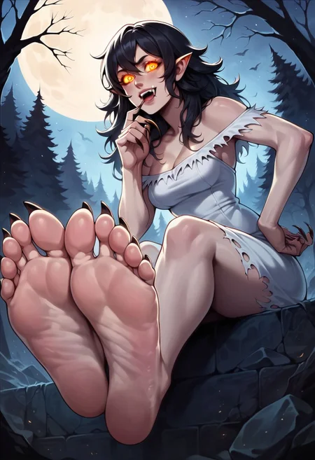score_9, score_8_up, score_7_up, score_6_up, score_5_up, score_4_up,source_anime, 2d anime,  werewolf woman, werewolf slut, sexy werewolf, motion, erotic, porn, horror, forest, night, full moon, sitting, showing feet, perfect feet, perfect soles, fangs, long nails, glowing eyes, medium tits, flowy dress,