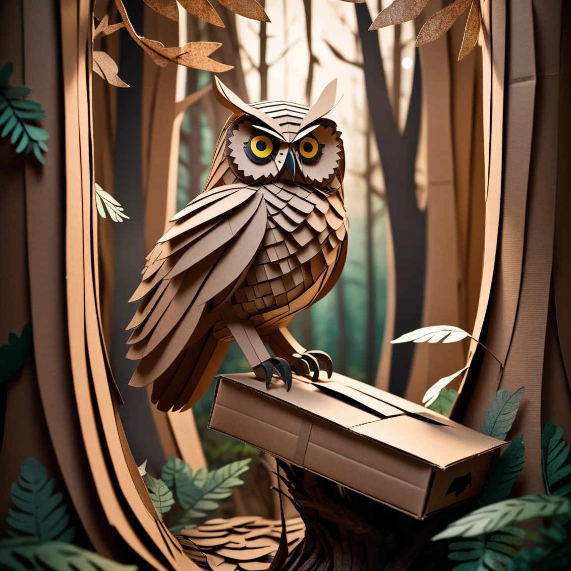 Photorealistic owl made from cardboard boxes, intricate details, lifelike yet fantastical, detailed textures, realistic feathers crafted from corrugated cardboard, layered and three-dimensional, high contrast, natural cardboard colors, cardboard forest background, trees and leaves crafted from cardboard, ethereal lighting, whimsical and imaginative