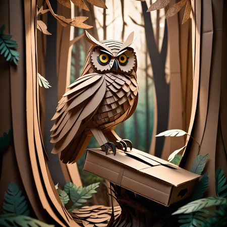 Photorealistic owl made from cardboard boxes, intricate details, lifelike yet fantastical, detailed textures, realistic feathers crafted from corrugated cardboard, layered and three-dimensional, high contrast, natural cardboard colors, cardboard forest background, trees and leaves crafted from cardboard, ethereal lighting, whimsical and imaginative