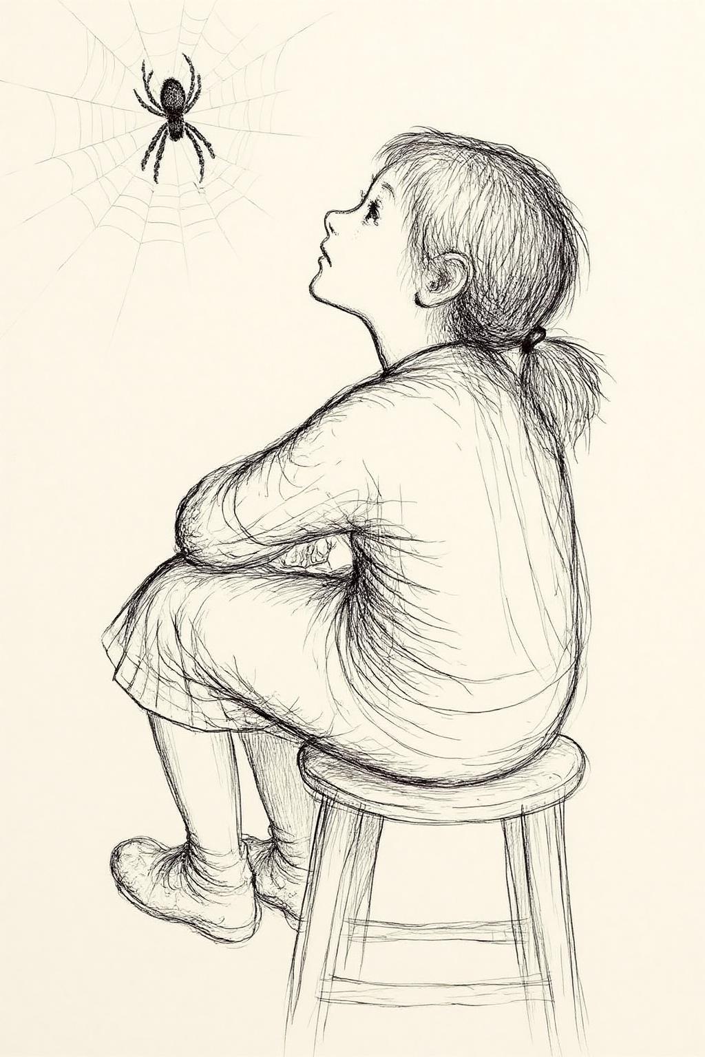 gawi1 illustration.
A young girl sitting on a stool. She is looking up at a spider. The girl is shown in side profile, facing to the left, with her head tilted upwards and eyes looking towards the spider. She has short ponytail, styled in a messy, slightly unkempt manner, with some strands falling over her face. <lora:gawi1_cap_d6a3e12:1.0><lora:827362331018319495:0>