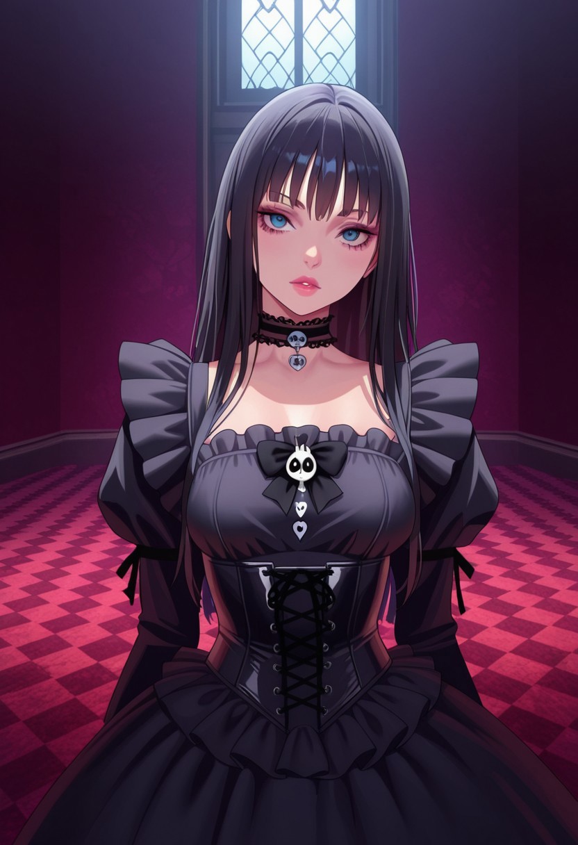 AMAZING QUALITY, MASTERPIECE, EXCALIPSE, 1GIRL, GOTH, ALICE IN WONDERLAND, BLACK HAIR, CHOKER, BLACK MAID DRESS