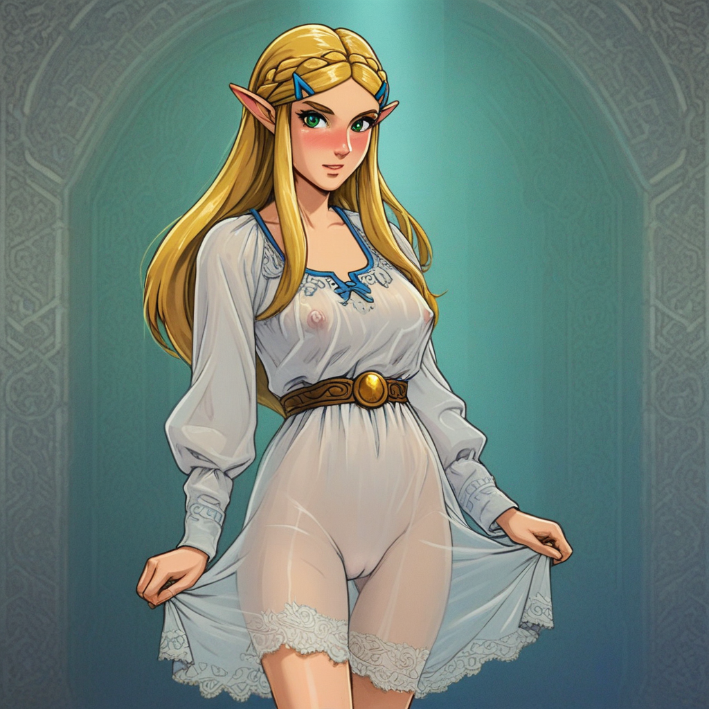 source_hentai, score_9, score_7_up, (4k4bur5tyl3), retro_artstyle, science_fiction, BREAK, Princess Zelda, long hair, (blonde hair), green eyes, perfect eyes, eyelashes, blonde eyebrows, blush, looking at viewer, rating_explicit, 1girl, solo, mole under eye, mole on thigh, dress, see-through, lingerie, covered nipples, cameltoe, detailed background,