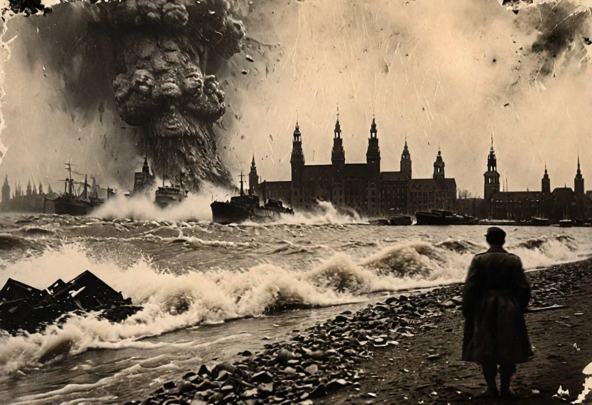 Godzilla on the shore of Hamburg, B&W 35mm vintage photo, WW2 picture, destroyed city backdrop, easynegative, realisticvision-negative-embedding
