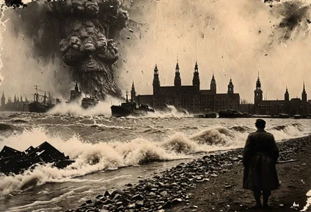 Godzilla on the shore of Hamburg, B&W 35mm vintage photo, WW2 picture, destroyed city backdrop, easynegative, realisticvision-negative-embedding