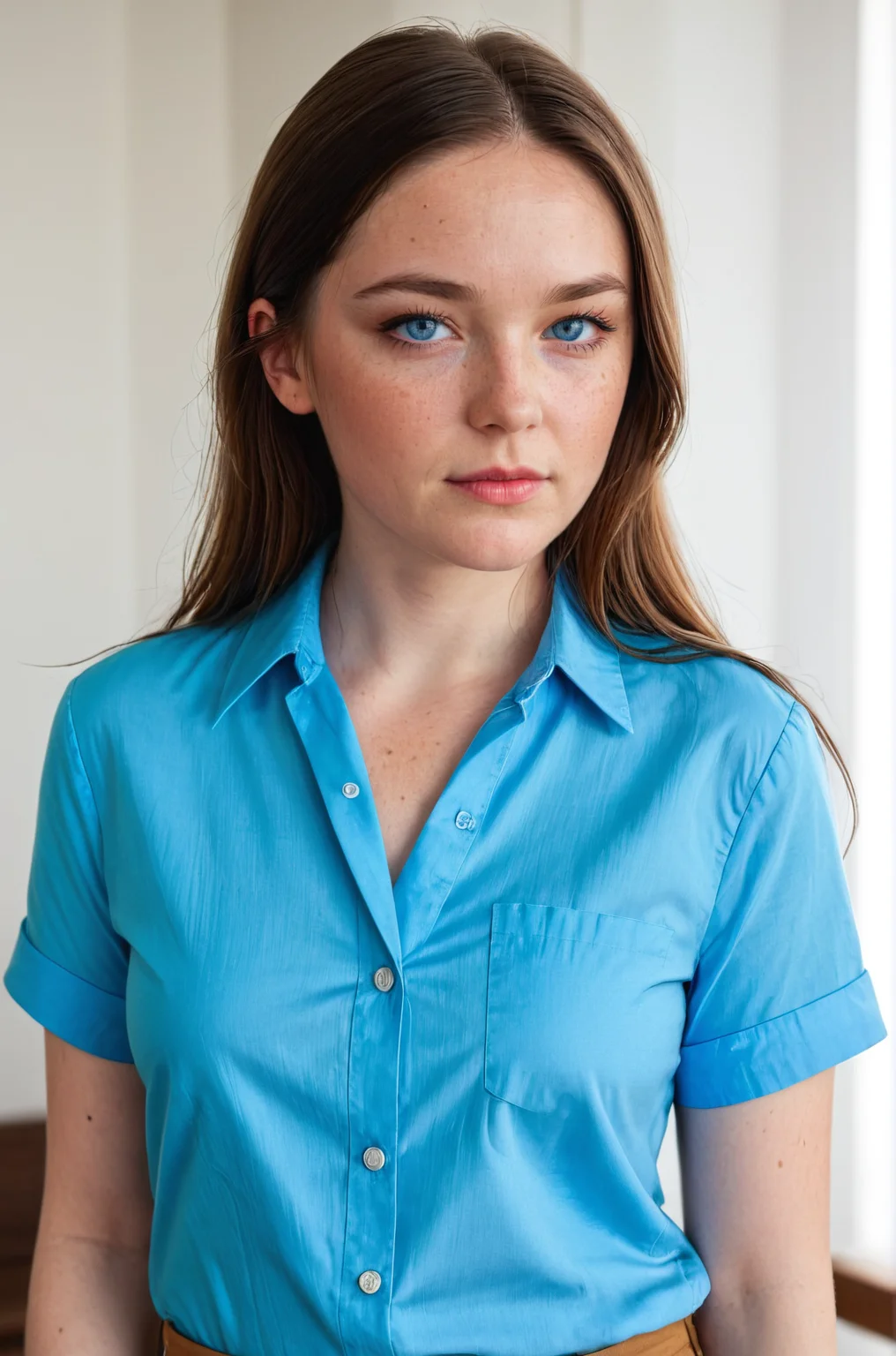 breathtaking 1girl, blue eyes, brown hair, collared shirt, freckles, lips, long hair, looking at viewer, pants, realistic, s4ndr4, shirt, short sleeves, solo, upper body, woman <lora:S4ndr4_nm_4:0.75> S4ndr4 . award-winning, professional, highly detailed