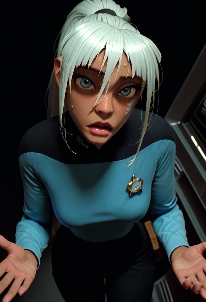 safe_pos, masterpiece,best quality, highly detailed, score_9, score_8_up, score_7_up, score_6_up, quality hands, five fingers, perfect hands, cold soft lighting, perfect reflection, perfect lighting, perfect shadows, KidaXLP, s3stngunf, blue uniform, black pants, spaceship interrior, starship interrior, space, scifi, hangar, pov, view from above, face focus, zPDXL3, solo
BREAK
1girl Kida as Science Officer on Federation spaceship, dark skin, blue eyes, long hair, ponytail, white hair, standing, sweat on the face, facial mark, lips, makeup, Sharp facial features, scared expression:0.4, shaded face