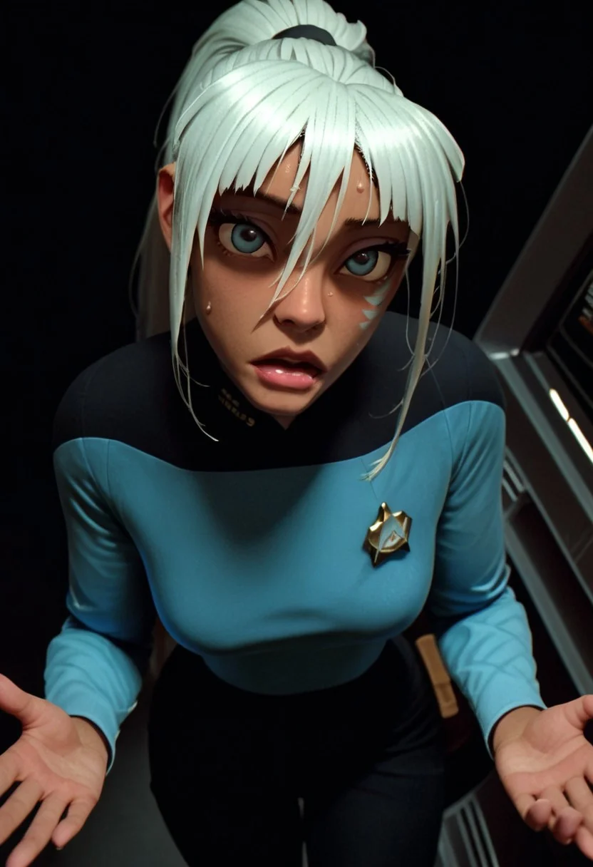 safe_pos, masterpiece,best quality, highly detailed, score_9, score_8_up, score_7_up, score_6_up, quality hands, five fingers, perfect hands, cold soft lighting, perfect reflection, perfect lighting, perfect shadows, KidaXLP, s3stngunf, blue uniform, black pants, spaceship interrior, starship interrior, space, scifi, hangar, pov, view from above, face focus, zPDXL3, solo
BREAK
1girl Kida as Science Officer on Federation spaceship, dark skin, blue eyes, long hair, ponytail, white hair, standing, sweat on the face, facial mark, lips, makeup, Sharp facial features, scared expression:0.4, shaded face