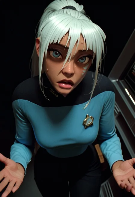 safe_pos, masterpiece,best quality, highly detailed, score_9, score_8_up, score_7_up, score_6_up, quality hands, five fingers, perfect hands, cold soft lighting, perfect reflection, perfect lighting, perfect shadows, KidaXLP, s3stngunf, blue uniform, black pants, spaceship interrior, starship interrior, space, scifi, hangar, pov, view from above, face focus, zPDXL3, solo
BREAK
1girl Kida as Science Officer on Federation spaceship, dark skin, blue eyes, long hair, ponytail, white hair, standing, sweat on the face, facial mark, lips, makeup, Sharp facial features, scared expression:0.4, shaded face
