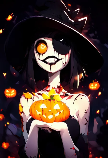 1girl,  creepy susie, ((Goth Girl with very pale skin))  , eyepatch on left eye, smile, grin, black lips, big lips
BREAK
score_9, score_8_up, score_7_up, score_6_up, source_cartoon, rating_explicit 
GothMakeup
MuscleBae
BondageAttire
black hair bow, black sclera, colored sclera, yellow eyes, short black hair, braids, black dress, black high heels,  stitches, injury, scars, + +, injury, scars, blood, black tears, tr1ck0rtr3at, holding, Halloween bucket, doorway, street background, jack-o'-lantern, trees, falling leaves, yellow orange and red leaves,  witch hat, Pumpkin spell