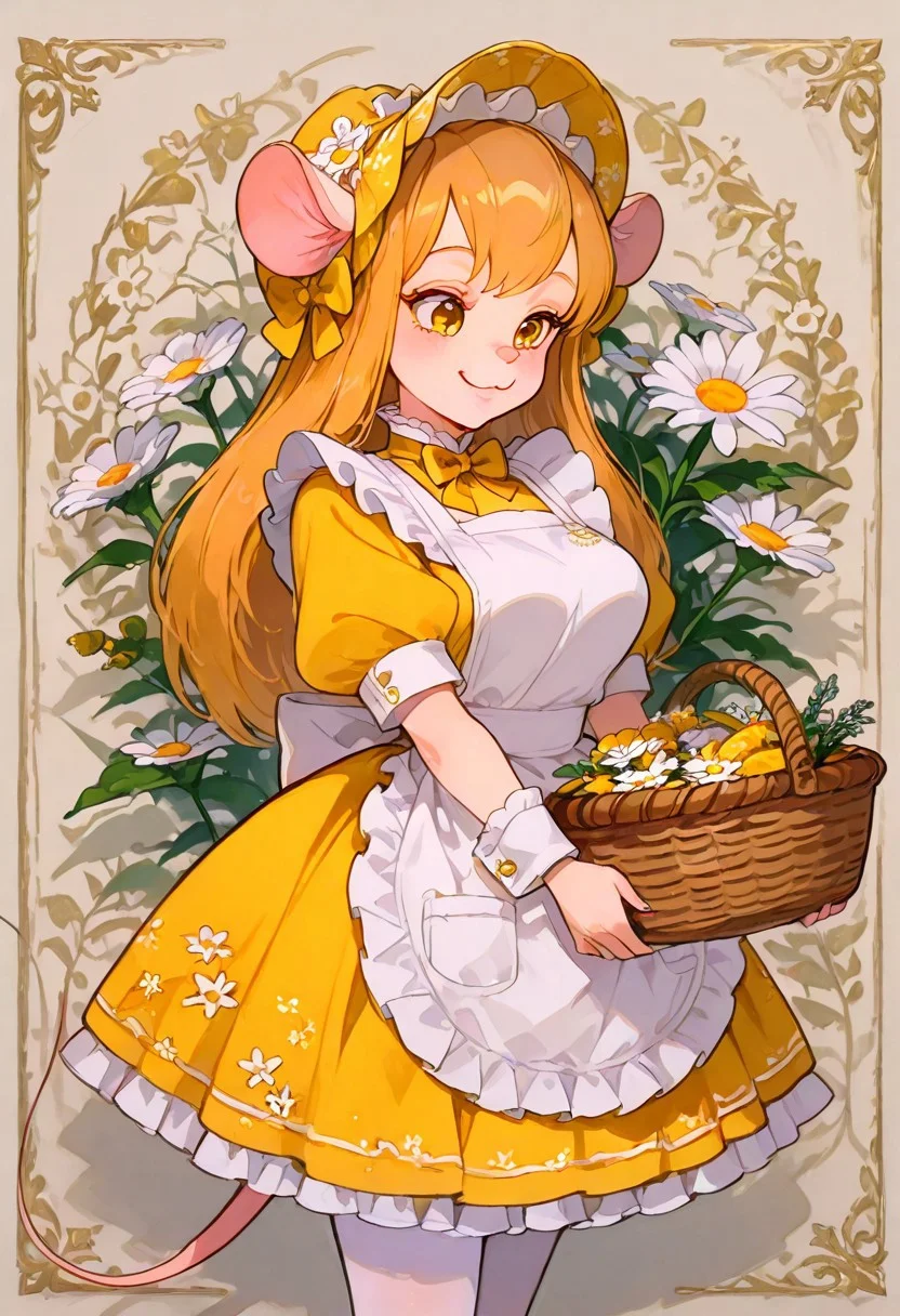 easynegative, Enchanting Eyes, 748cmstyle, Masterpiece, 8k, beautiful, detailed body, intricate details, best quality, high quality, newest, highres, 1girl, :3,
score_9, score_8_up, score_7_up,
, masterpiece, beautiful,
1girl, solo, gadget, mouse tail, ginger hair, long sleeves, dress, apron, white apron, yellow dress, large breast, happy, smile, closed mouth,
,bonnet, bow, closed mouth, daisy, dress, floral background, frilled apron, frills, hair bow, holding basket, kawaii fashion, long hair, pantyhose, puffy short sleeves, solo, standing, white apron, white flowers, white pantyhose, wrist cuffs, pale yellow bonnet, pale yellow dress, pale yellow shoes,