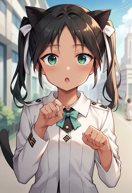 score_9, score_8_up, score_7_up, source_anime, masterpiece, 1girl, ctianfranc3sca, (tan:0.3), white uniform, white ribbon, neck ribbon, facing viewer, chestnut mouth,  looking at viewer, outdoors, sunny, day, city, depth of field, cat ears, cat tail, claw pose,<lora:Francesca_Lucchini_updated_v2_ct:1>,