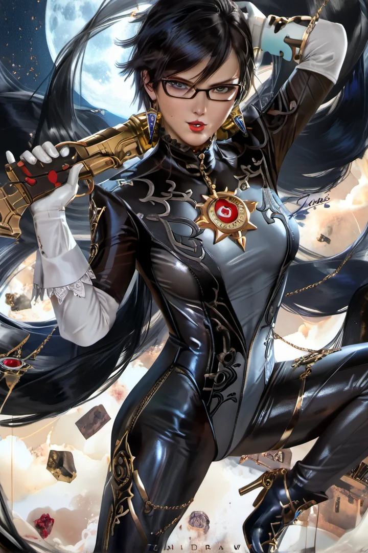 score_9, score_8_up, score_7_up, score_6_up, detailed, source_hentai, 
zumi_style,  1girl, solo, long hair, breasts, looking at viewer, blue eyes, black hair, gloves, holding, jewelry, very long hair, weapon, earrings, parted lips, glasses, elbow gloves, white gloves, mole, high heels, lips, gun, makeup, black and grey bodysuit, bodysuit, moon, lipstick, mole under mouth, eyeshadow, handgun, dual wielding, amulet, bayonetta, dynamic pose, action, double-wielding, 2 weapons