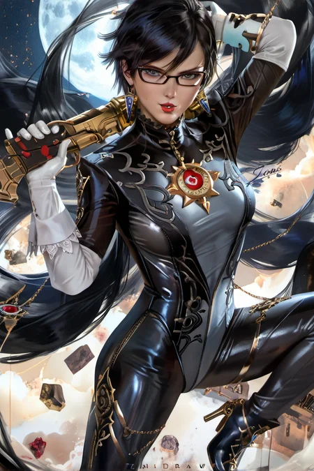score_9, score_8_up, score_7_up, score_6_up, detailed, source_hentai, 
zumi_style,  1girl, solo, long hair, breasts, looking at viewer, blue eyes, black hair, gloves, holding, jewelry, very long hair, weapon, earrings, parted lips, glasses, elbow gloves, white gloves, mole, high heels, lips, gun, makeup, black and grey bodysuit, bodysuit, moon, lipstick, mole under mouth, eyeshadow, handgun, dual wielding, amulet, bayonetta, dynamic pose, action, double-wielding, 2 weapons