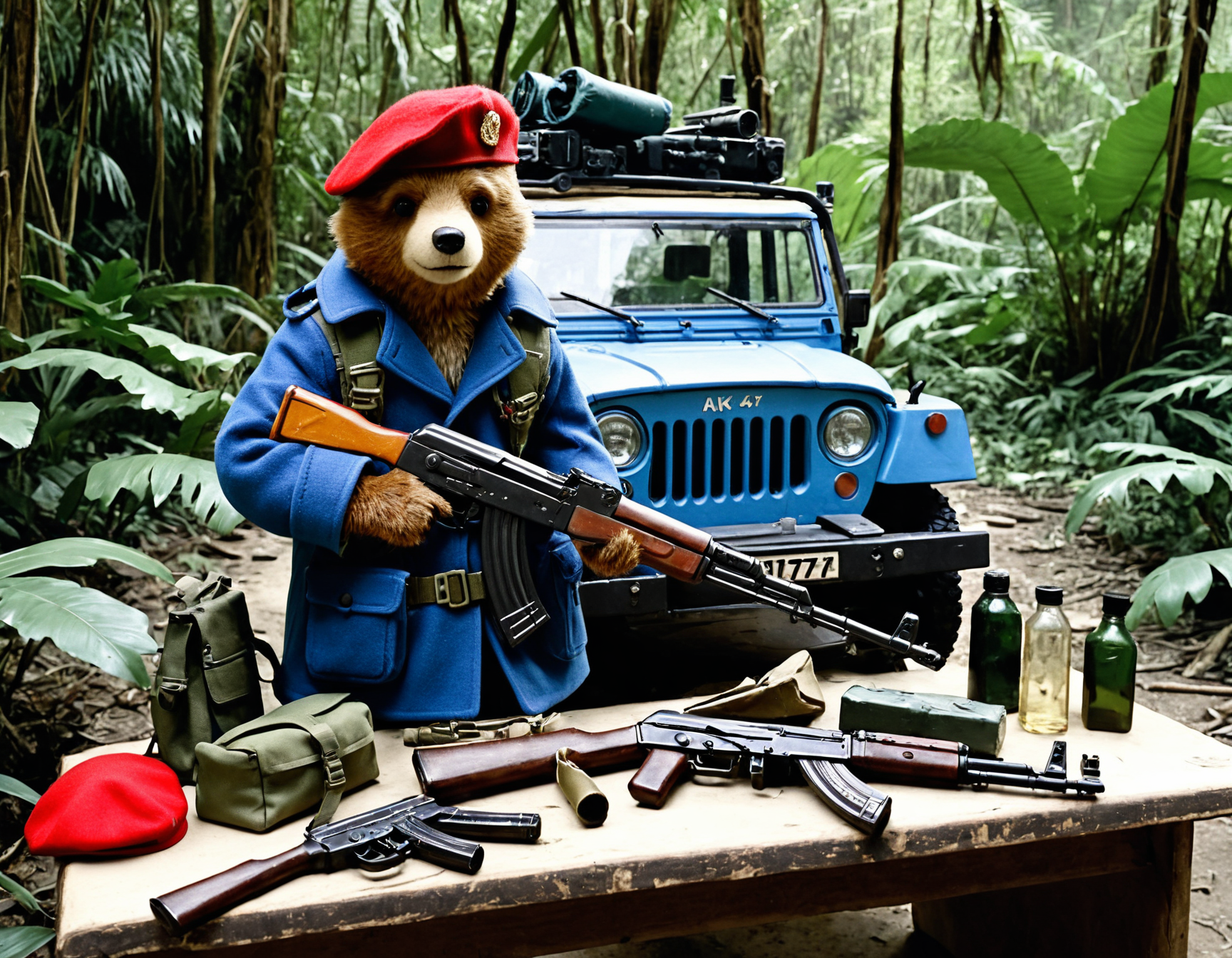 <lora:add-detail-xl:1> <lora:detailed_notrigger:1> cinematic photo, deep shadows,
 <lora:AK47_1:0.75> ak47r, photo of paddington bear, red beret, blue duffel coat, as a militia rebel, in a jungle drug lab, holding an ak47, standing beside a jeep, next to a table with large bags of cocaine, analog photo, surrounded by rebel militia soldiers