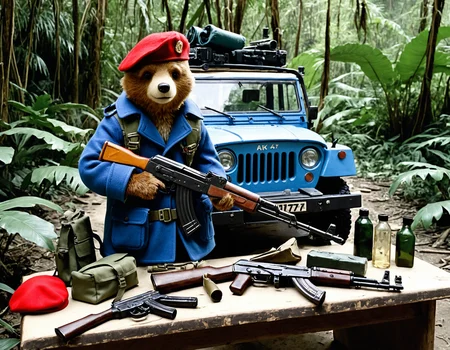 <lora:add-detail-xl:1> <lora:detailed_notrigger:1> cinematic photo, deep shadows,
<lora:AK47_1:0.75> ak47r, photo of paddington bear, red beret, blue duffel coat, as a militia rebel, in a jungle drug lab, holding an ak47, standing beside a jeep, next to a table with large bags of cocaine, analog photo, surrounded by rebel militia soldiers