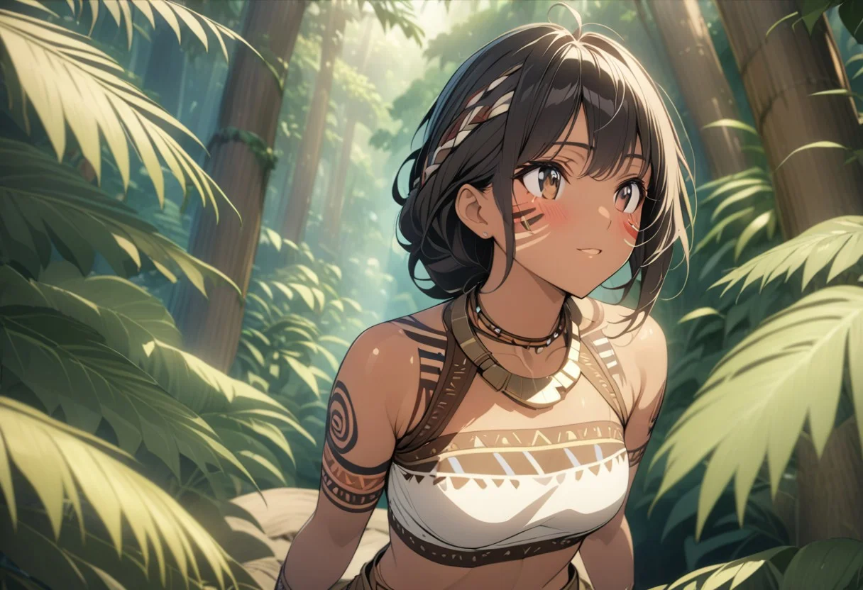gorgeous lips, cinematic, (masterpiece), (best quality), (ultra-detailed), very aesthetic, illustration, perfect composition, intricate details, absurdres, detailed face, (anime, masterpiece, intricate:1.3), (best quality, hires textures, high detail:1.2),( cowboy shot:1.3)
1girl, brown skin, tan skin, very long black hair, brown eyes,(messy hair:1.1), perfecteyes, 8k, highest quality, ultra details,( tribal girl:1.2),( tribal paint on body, tribal face paint, tribal tattoos:1.7), beaded necklace, bone necklace, bone earrings, bone bracelets, bangles, medium breasts, toned body, jungle, muddy brown deerskin cropped top with fur trim,( brown fur loin cloth:1.3), barefoot.,
smile, happy,, blush, jungle setting, hair blowing in the wind, skirt blowing in the wind, (standing on a tree branch high in the canopy,:1.3)
BREAK, Tropical jungle, rainforest, filled with palm trees, ferns, tropical flowers, vines, coconuts, (looking into the distance from high up,:1.5), golden hourtime