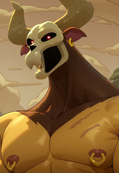 score_9_up, score_8_up, score_7_up, high quality, detailed, male, solo male, Minotaur, mature male, anthro, tan yellow skin, two toned body, brown skin on lower half, skull head, skull, horns, glowing red eyes, black sclera, animal ears, muscular male, pierced nipples, looking at viewer, outdoors, looking at viewer, half-body, broad shoulders, big pecs