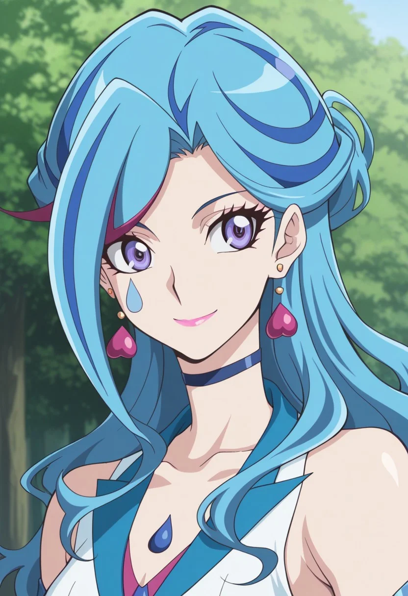 masterpiece,best quality,amazing quality, source_anime, 
AoiZaizen,1girl, solo, blue maiden outfit, makeup, lipstick, purple eyes, blue hair, multicolored hair, long hair, choker, teardrop tattoo, earring, heart earrings, dress, multicolored dress, sleeveless,  smile, portrait,
outdoor,