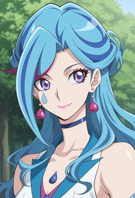 masterpiece,best quality,amazing quality, source_anime,
AoiZaizen,1girl, solo, blue maiden outfit, makeup, lipstick, purple eyes, blue hair, multicolored hair, long hair, choker, teardrop tattoo, earring, heart earrings, dress, multicolored dress, sleeveless, smile, portrait,
outdoor,